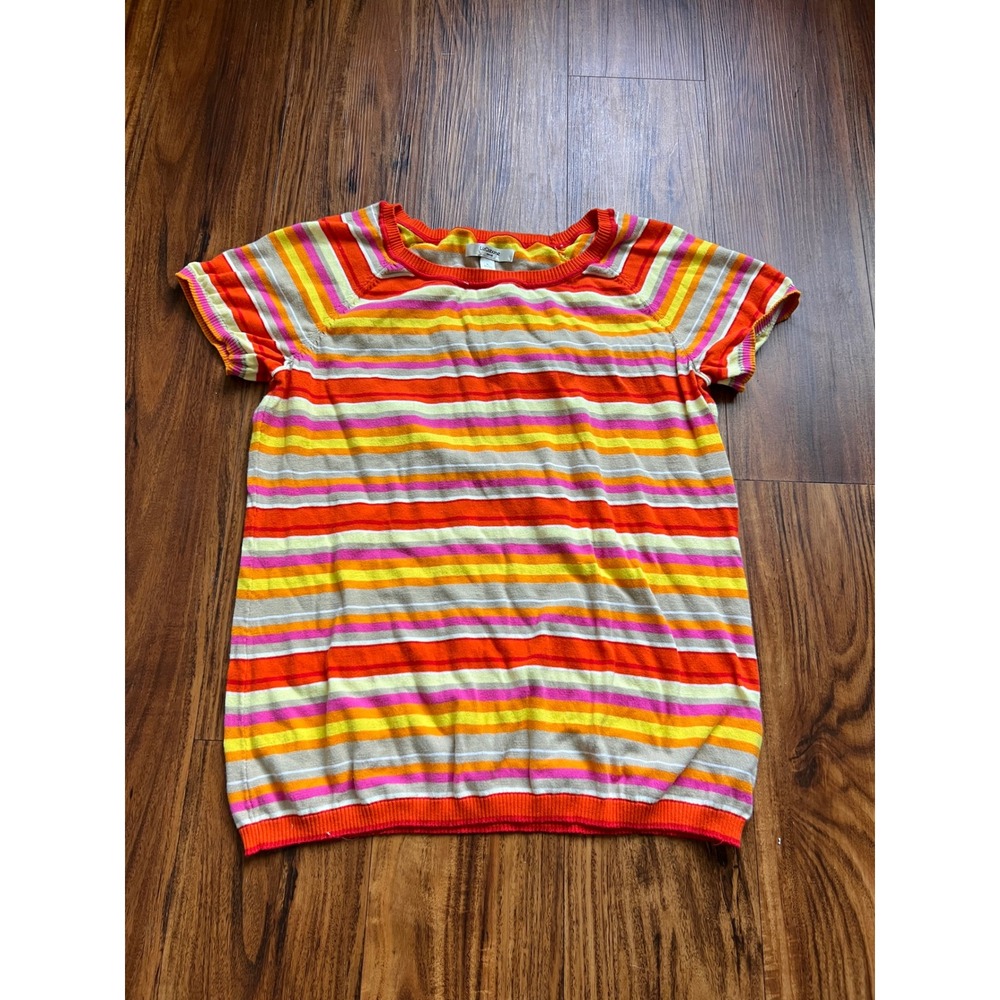 Liz Claiborne Knit Top Women XL Orange Pink Striped Short Sleeve Cotton Tee